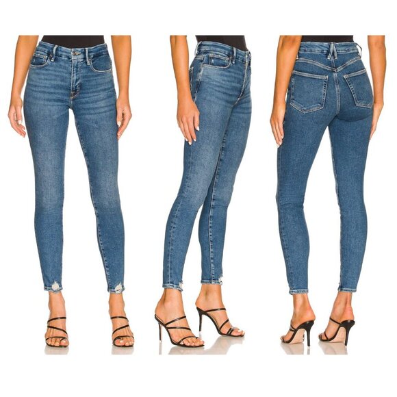 Good American Good Legs Deep V Yoke Denim Blue Ankle Jeans 29799 - Picture 1 of 16